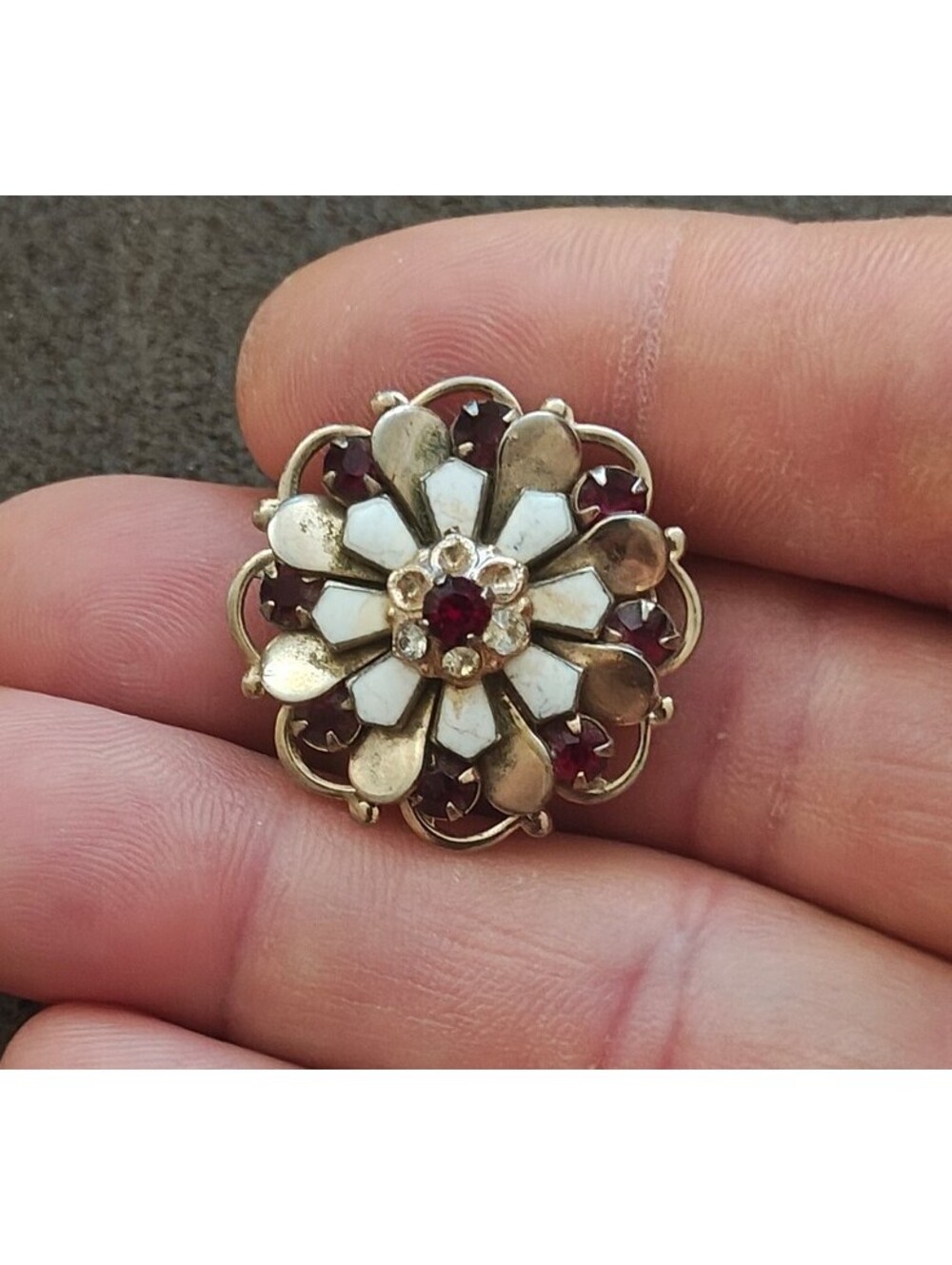 1950s Layered Flower Brooch With Red Rhinestones Gold Tone White Enamel Brooch
